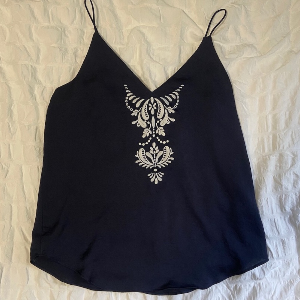 Express Navy Blue White Embroidered Silky Tank Blouse - S
